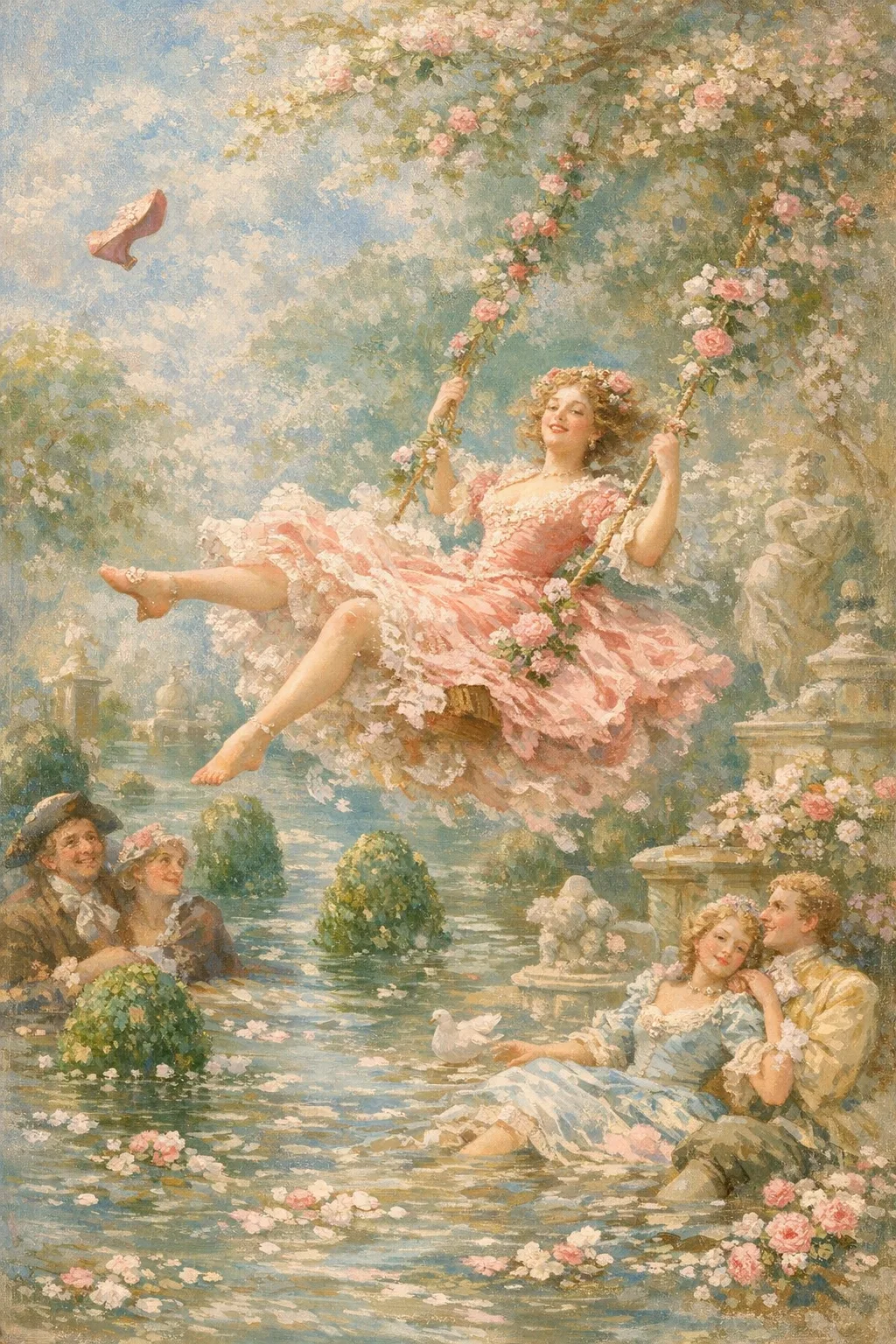 The Flood Swing: a young woman in a pink Rococo dress laughs on a rose-hung swing above a flooded garden, one shoe flying, while couples watch from the water