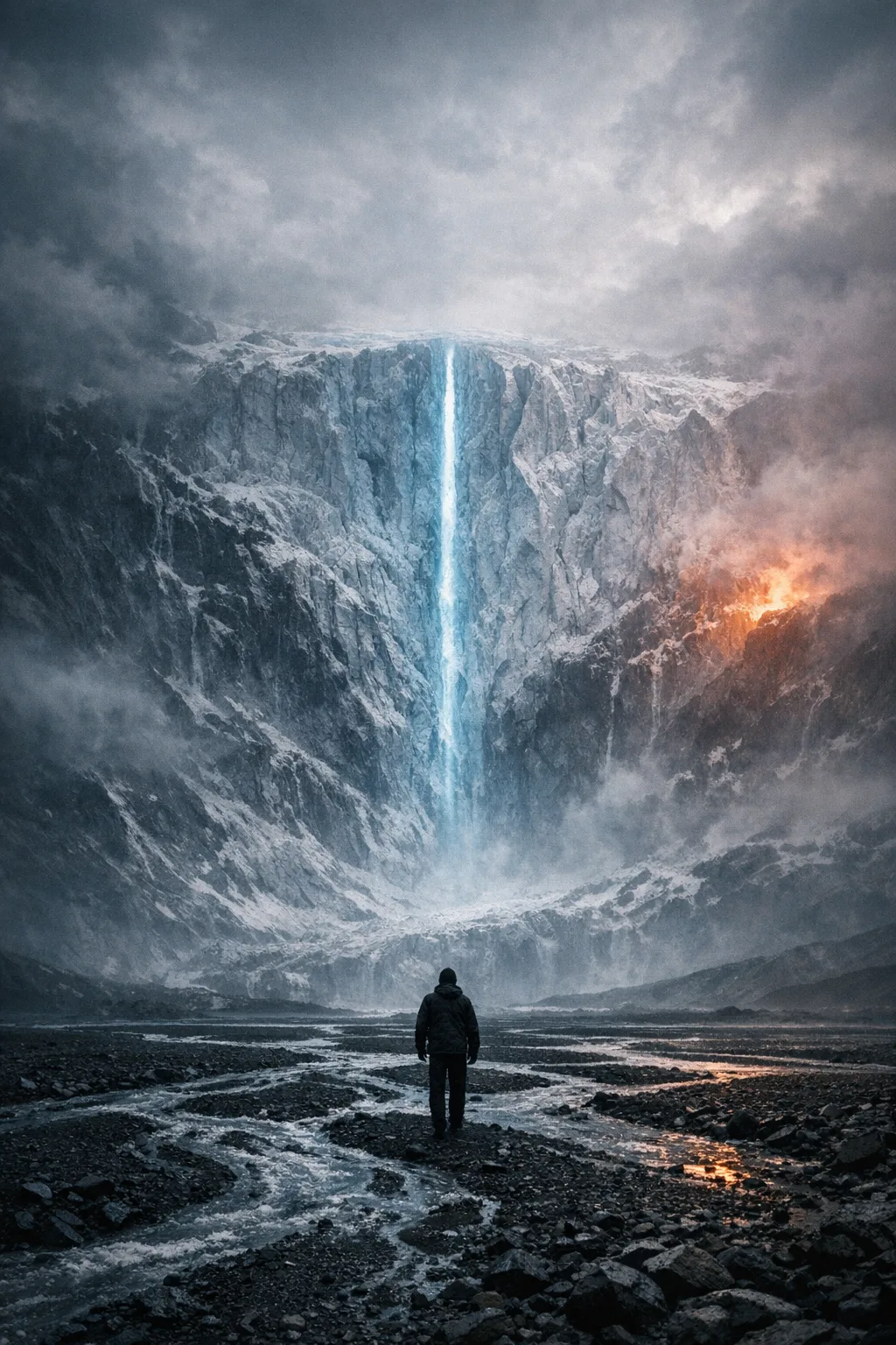 The Ice Door: a figure in a parka stands on a braided glacial riverbed before a wall of ice split by a single column of blue light, fire glowing through the cloud to the right