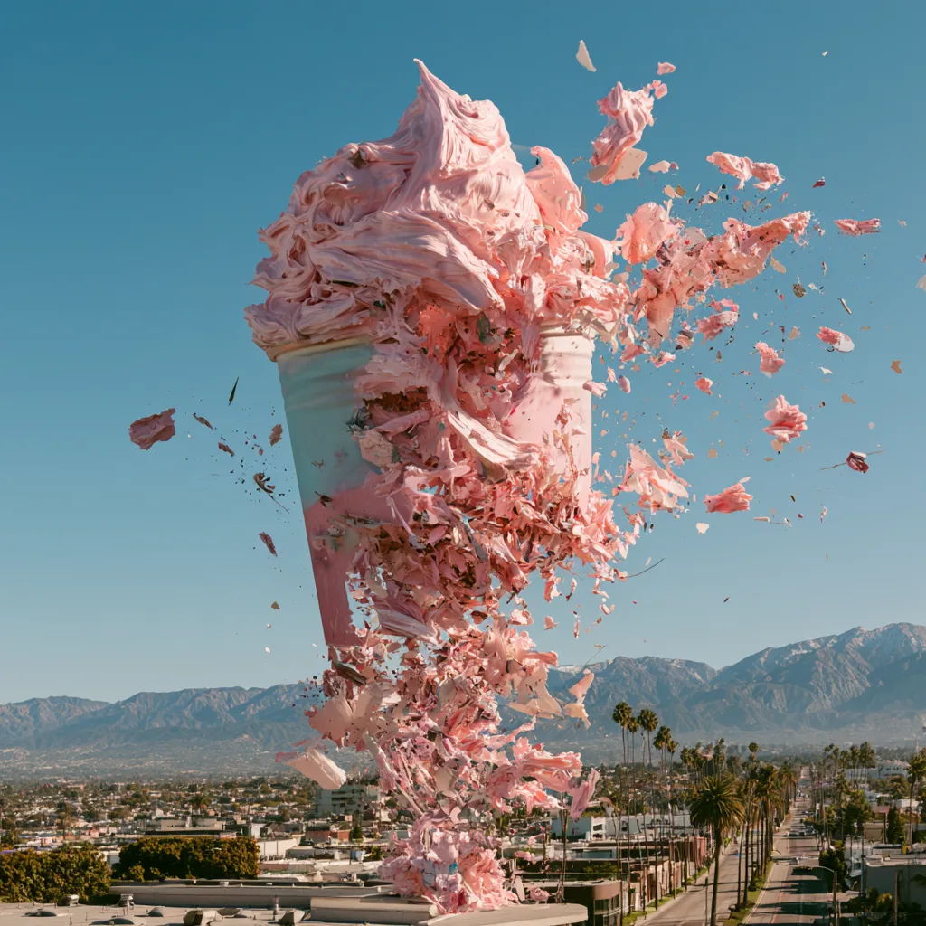 Product Shot: a soft-serve ice cream the height of a building comes apart over a Los Angeles boulevard under a clear sky, palm trees and mountains behind it