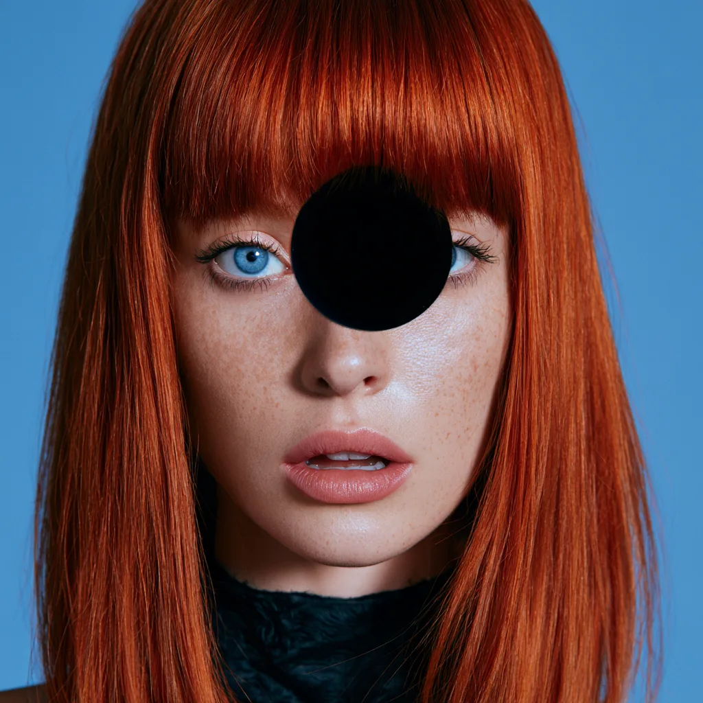 The Dot: a studio beauty portrait of a red-haired woman with blue eyes against a blue ground, a flat black disc where the picture has failed between her eyes
