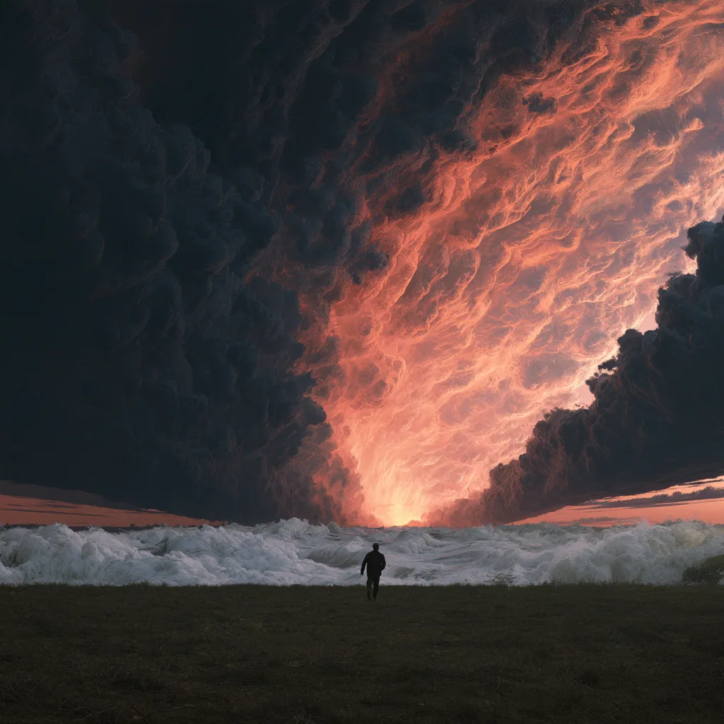 The Front: a lone figure on a dark field watches a wall of white surf under a sky torn open by an ember-coloured storm