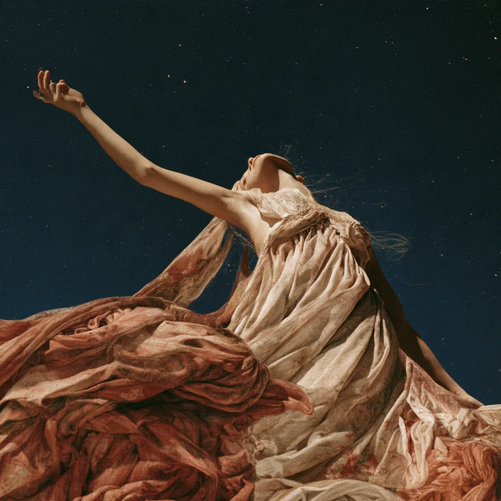 The Reach: a woman in wind-blown rose and cream drapery throws one arm up toward a night sky full of stars, photographed close on warm expired film